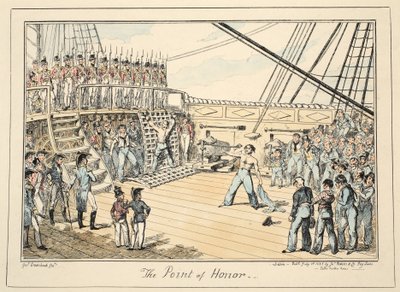 Punkt honoru, ze szpitala Greenwich, seria szkiców marynarki wojennej opisująca życie człowieka-człowieka wojny, wyd. 1825 (grawerowanie ręcznie kolorowane) autorstwa George Cruikshank