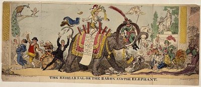The Rehearsal or the Baron and the Elephant , satyryczny nadruk na skomplikowanych produkcjach Kemble w Covent Garden Theatre ze zwierzętami autorstwa George Cruikshank