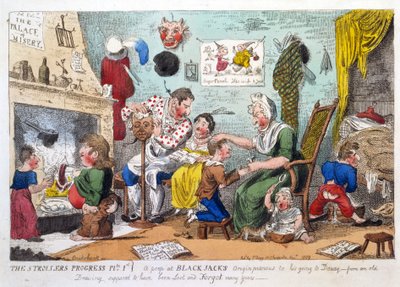 The Strollers Progress Plate 1, Peep at Black Jacks Origin przed jego Going to Douay, wyd. 1809 (akwaforta ręczna) autorstwa George Cruikshank