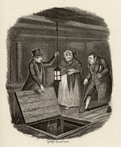 Dowody są zniszczone, z „Przygód Olivera Twista” Charlesa Dickensa (1812-70) 1838, opublikowanej przez Chapman und Hall, 1901 autorstwa George Cruikshank