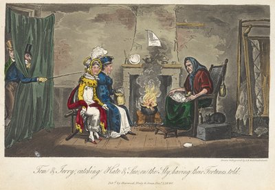 Tom i Jerry łapią Kate i Sue po cichu, opowiadając o ich losach, „Życie w Londynie itd.”, Pierce Egan autorstwa George Cruikshank