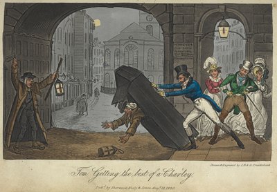 „Tom, co najlepsze z Charliego”. Ogrywanie dowcipu ze stróża nocnego, „Życie w Londynie itd.”, Pierce Egan autorstwa George Cruikshank