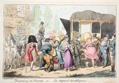 Podróż po Francji lub Le Depart de la Diligence, pub. 1835 (akwaforta ręcznie kolorowana) autorstwa George Cruikshank