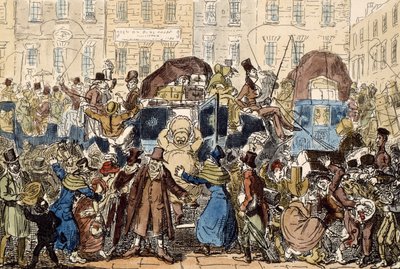Podróżowanie po Anglii, czyli Peep z piwnicy White Horse, 1819 (akwaforta ręcznie kolorowana) autorstwa George Cruikshank