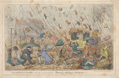 Bardzo nieprzyjemna pogoda, czyli stare powiedzenie zweryfikowane „Deszcz kotów, psów i widły”.!!! autorstwa George Cruikshank