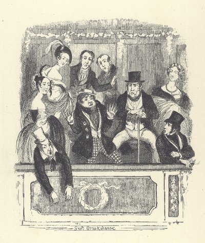 Wiktoriańscy widzowie tłoczą się w lożach w londyńskim teatrze (grawerowanie) autorstwa George Cruikshank