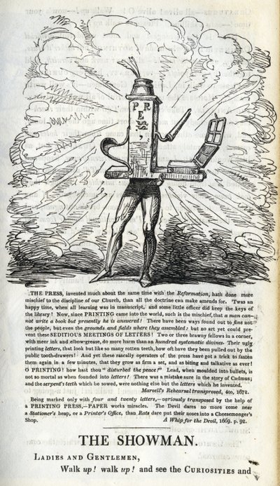 Zwycięstwo prasy dla wolności ludu, ilustracja z „The Political Showman – at Home!” Williama Hone’a, wydana w 1821 r. autorstwa George Cruikshank