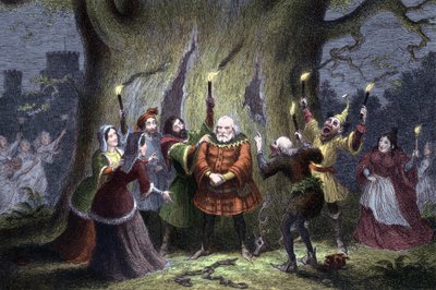 William Shakespeare Wesołe żony z Windsoru, sztuka po raz pierwszy wystawiona w 1597 lub 1600 roku. Falstaff, który zachował swoją rzekomą przydział w Windsor Forest Mistress Ford jako Herne the Hunter i został uszczypnięty i uderzony przez „wróżki”, mówi: autorstwa George Cruikshank