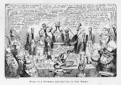 Wino w fermentacji i spirytus w gorącej wodzie (grawerowanie) autorstwa George Cruikshank