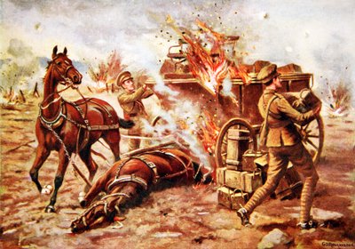 p.o. bombardiera H.A. Creasey pomagający rozładować płonący wagon z amunicją pod bardzo silnym ostrzałem pocisków autorstwa George Derville Rowlandson