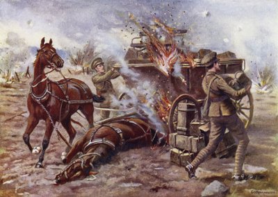 Pełniący obowiązki Bombardiera H A Creaseya asystującego przy rozładunku płonącego wagonu z amunicją pod bardzo ciężkim ogniem pocisków, Potijze, niedaleko Ypres, 25 kwietnia 1915 autorstwa George Derville Rowlandson