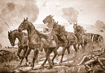 Starszy kapral Holmes zajmuje miejsce rannego kierowcy i pomaga w wyprowadzeniu działa z akcji pod ciężkim ostrzałem. autorstwa George Derville Rowlandson