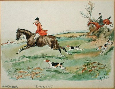 Miesiąc listopad: Polowanie (pióro i atrament oraz akwarela na papierze) autorstwa George Derville Rowlandson