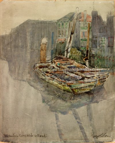 Łodzie z węgorzami w kanale w Dordrecht, Holandia (węgiel i akwarela na papierze wklejone na karton) autorstwa George Edward Horton