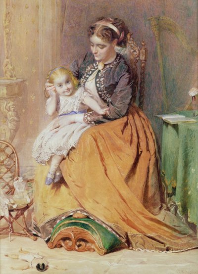 Tik, tik, tik - dziewczynka siedząca na kolanach matki i słuchająca tykania jej złotego zegarka, 1867 r. autorstwa George Elgar Hicks