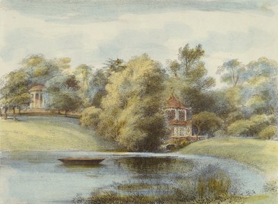 Chińska Świątynia i Świątynia Eolus, Kew Gardens, tablica 16 z Kew Gardens: A Series of Twenty-Four Drawings on Stone, grawerowana przez Charlesa Hullmandela (1789-1850) opublikowana w 1820 r. (litografia ręcznie kolorowana) autorstwa George Ernest after Papendiek