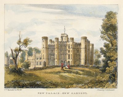New Palace, Kew Gardens, tablica 1 z Kew Gardens: A Series of Twenty-Four Drawings on Stone, rytowana przez Charlesa Hullmandela (1789-1850) wydana w 1820 r. (litografia ręcznie kolorowana) autorstwa George Ernest after Papendiek