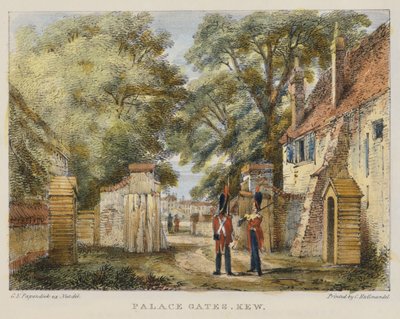 Palace Gates, Kew, tablica 3 z Kew Gardens: A Series of Twenty-Four Drawings on Stone, rytowane przez Charlesa Hullmandela (1789-1850) wydane w 1820 r. (litografia ręcznie kolorowana) autorstwa George Ernest after Papendiek