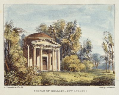 Świątynia Bellony, Kew Gardens, tablica 24 z Kew Gardens: A Series of Twenty-Four Drawings on Stone, grawerowana przez Charlesa Hullmandela (1789-1850) opublikowana w 1820 r. (litografia ręcznie kolorowana) autorstwa George Ernest after Papendiek