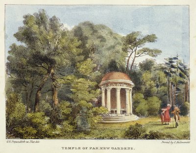 Temple of Pan, Kew Gardens, tablica 12 z Kew Gardens: A Series of Twenty-Four Drawings on Stone, grawerowana przez Charlesa Hullmandela (1789-1850) opublikowana w 1820 r. (litografia ręcznie kolorowana) autorstwa George Ernest after Papendiek