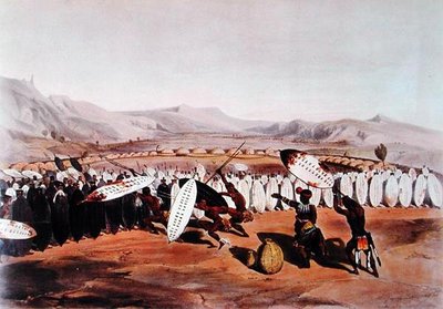 Umpanda Przegląd swoich oddziałów w Nonduengo, grawerowane przez J.Needhama, c.1849 (kolor lito) autorstwa George French (after) Angas