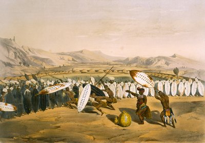 Umpanda Przegląd swoich oddziałów w Nonduengi, płyta 12 z „The Kafirs Illustrated”, 1849 autorstwa George French Angas