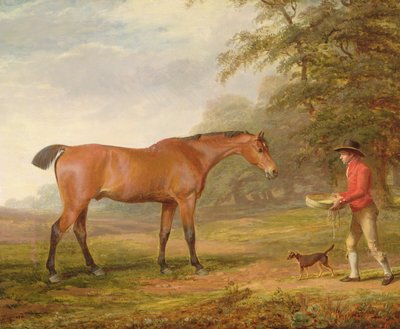 Koń gniady podchodzący do stajennego z jedzeniem i uwiązem, 1789 autorstwa George Garrard