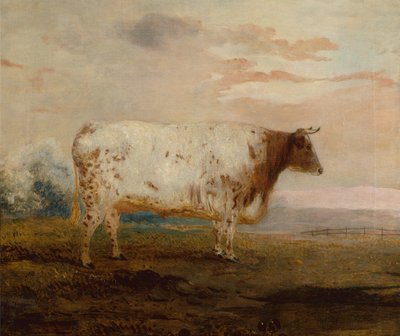 Juno, czerwona krowa z krótkim rogiem w rozległym krajobrazie (olej) autorstwa George Garrard