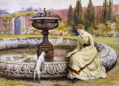 Dama i pies przy ozdobnym basenie, autorstwa George Goodwin Kilburne