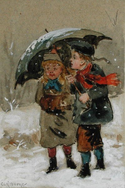 Dzieci bawiące się na śniegu (wc powiększone białym kolorem na papierze) (zobacz 224241 dla pary) autorstwa George Goodwin Kilburne