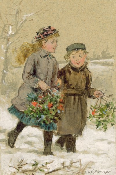 Dzieci bawiące się na śniegu - Zbieranie ostrokrzewu (wc podkreślone białym na papierze) (zobacz 224240 dla pary) autorstwa George Goodwin Kilburne