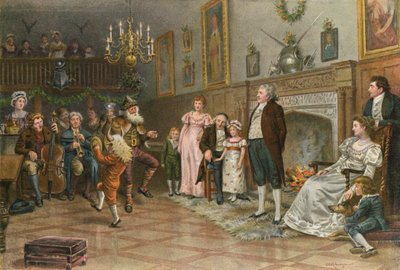Wnętrze sali przodków giermków: Country Mummers dający świąteczną rozrywkę autorstwa George Goodwin Kilburne