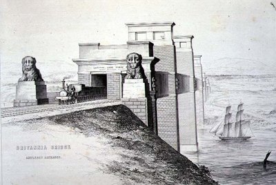Britannia Bridge, Anglesey Entrance, grawerowane przez artystę, wyd. 1849 (lito) (kolor patrz 122445) autorstwa George Hawkins