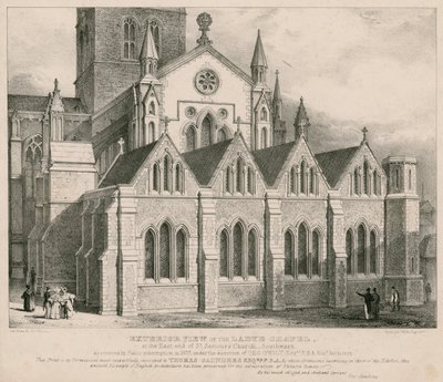 Widok zewnętrzny kaplicy Ladye na wschodnim krańcu kościoła św. Zbawiciela w Southwark autorstwa George Hawkins