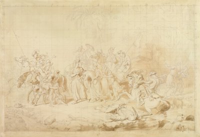 Bandyci z Kurdystanu pomagający Gruzinom w zaskakiwaniu i porywaniu czerkieskich kobiet ok. 1827-28 (pióro i brązowy atrament na tkanym papierze) autorstwa George Hayter