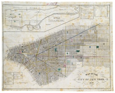 Mapa miasta Nowy Jork, 1850 (czarny tusz, kolorowy wash, na papierze) autorstwa George Hayward