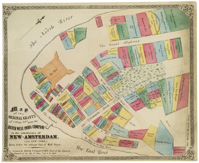 Mapa oryginalnych nadań działek wiejskich od Holenderskiej Kompanii Zachodnioindyjskiej dla mieszkańców Nowego Amsterdamu (obecnie Nowy Jork) leżących poniżej obecnej linii Wall Street, 1857 (czarny tusz, z kolorem autorstwa George Hayward
