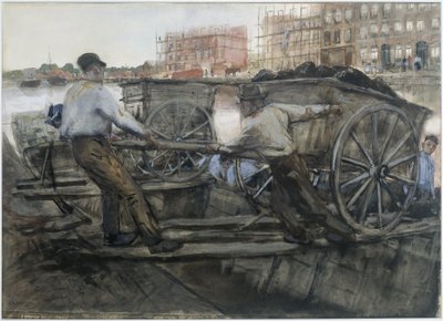 Robotnicy ciągnący wózek z ciężkim ładunkiem na Jacob van Lennepkade, Amsterdam autorstwa George Hendrik Breitner