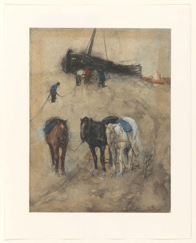 Konie na plaży, w tle barka i rybacy autorstwa George Hendrik Breitner