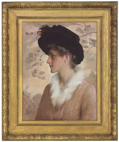 Portret damy, do połowy, w czarnym kapeluszu i futrzanej stule, 1888 autorstwa George Henry Boughton