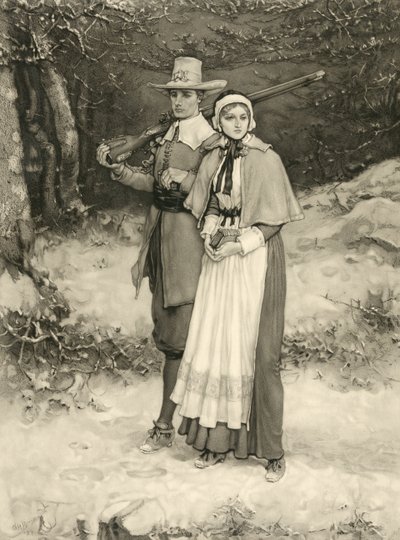Purytańska para w drodze na niedzielne nabożeństwo, wyryte przez Thomasa Golda Appletona, 1885 autorstwa George Henry Boughton