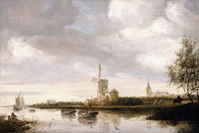 Krajobraz rzeczny z barkami i żaglówkami oraz kościół za nimi autorstwa George Henry Clements