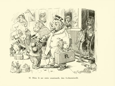 Mr Rhino wykonał sensacyjne wejście w Acclimatationville (litho) autorstwa George Henry Thompson