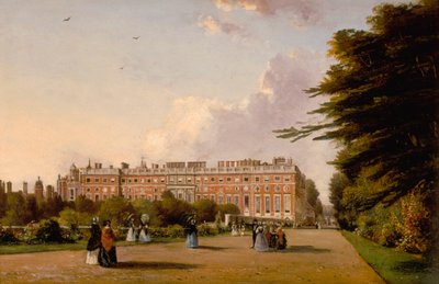 Widok na południowy front pałacu Hampton Court z Broad Walk, ok. 1827-49 (olej na płótnie) autorstwa George Hilditch