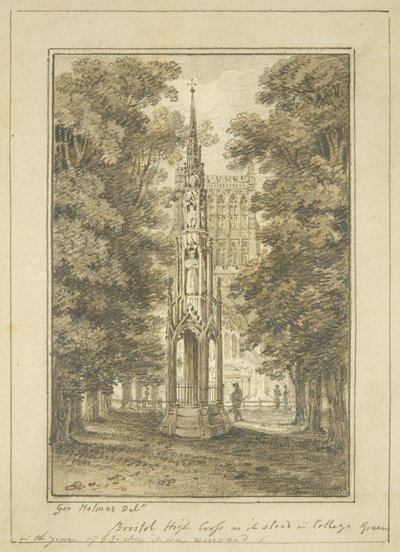 Bristol High Cross w stanie College Green w 1763 roku (ołówek i akwarela na papierze) autorstwa George Holmes