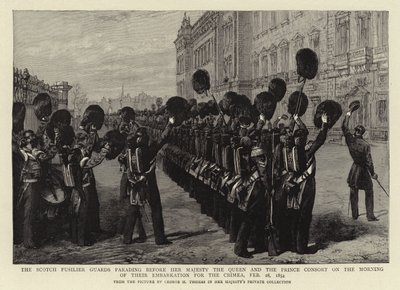Scotch Fizylier Guards paraduje przed Jej Wysokością Królową i Księciem Małżonkiem w poranek ich zaokrętowania na Krym, 28 lutego 1854 autorstwa George Housman Thomas