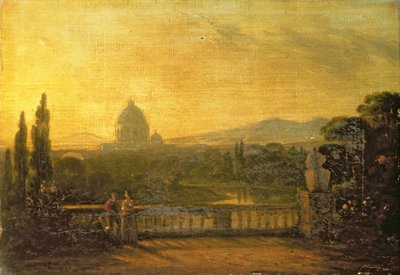 Widok na Bazylikę Świętego Piotra w Rzymie z tarasu willi autorstwa George Howland Beaumont