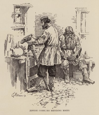Żydowscy szewcy naprawiający buty (grawerunek) autorstwa George Hutchinson