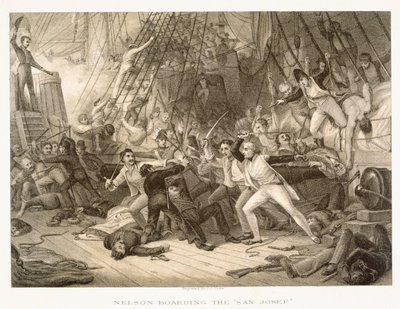 Horatio Nelson na pokład San Josef w bitwie pod Cape St Vincent, 14 lutego 1797, grawerowane przez Johna Crew na podstawie oryginału w Greenwich Hospital Collection autorstwa George Jones