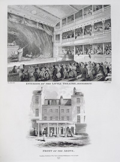 Wnętrze Little Theatre, Haymarket w Londynie i Front of the Above, grawerowane przez Jamesa Stow (c.1770-1820) 1815 autorstwa George Jones